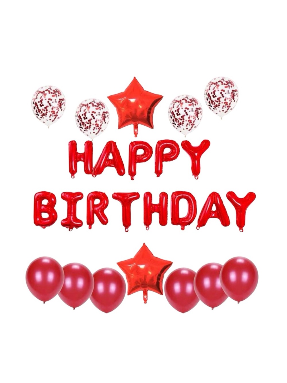 25Pcs Red Happy Birthday Balloons Set Foil Banner Star Confetti Decor